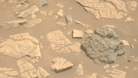A dark rock toward the right of this sandy-looking, rocky ground, has lots of bumps on it.