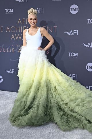 Gwen Stefani wearing an ombre green and white gown