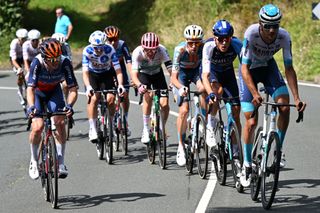 LAGOS DE COVADONGA SPAIN SEPTEMBER 03 LR Felix Engelhardt of Germany and Team Jayco AlUla Martijn Tusveld of The Netherlands and Team dsmFirmenich PostNL Marco Frigo of Italy and Team Israel Premier Tech and Fran Miholjevic of Croatia and Team Bahrain Victorious compete in the breakaway during the La Vuelta 79th Tour of Spain 2024 Stage 16 a 1815km stage Luanco to Lagos de Covadonga 1069m UCIWT on September 03 2024 in Lagos de Covadonga Spain Photo by Tim de WaeleGetty Images