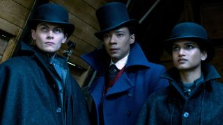 (L to R) FREDDY CARTER as KAZ BREKKER, KIT YOUNG as JESPER FAHEY and AMITA SUMAN as INEJ GHAFA