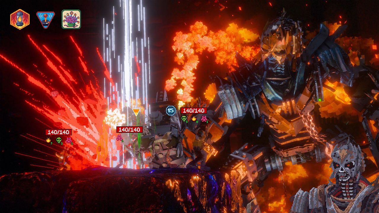 Intense video game scene with a giant mechanical figure amidst fiery explosions. Small characters with health bars confront the creature, creating tension.