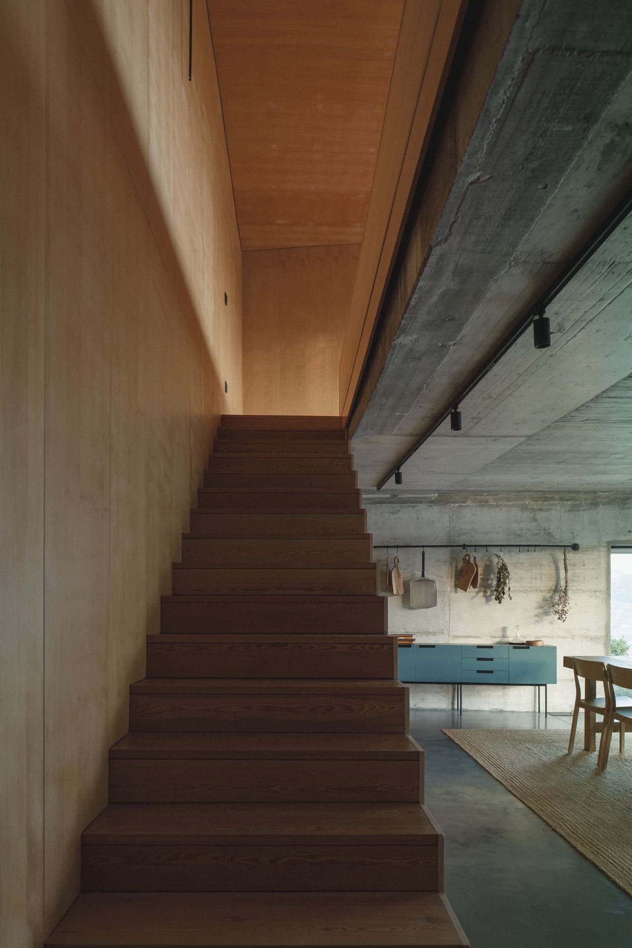 The timber clad internal staircase