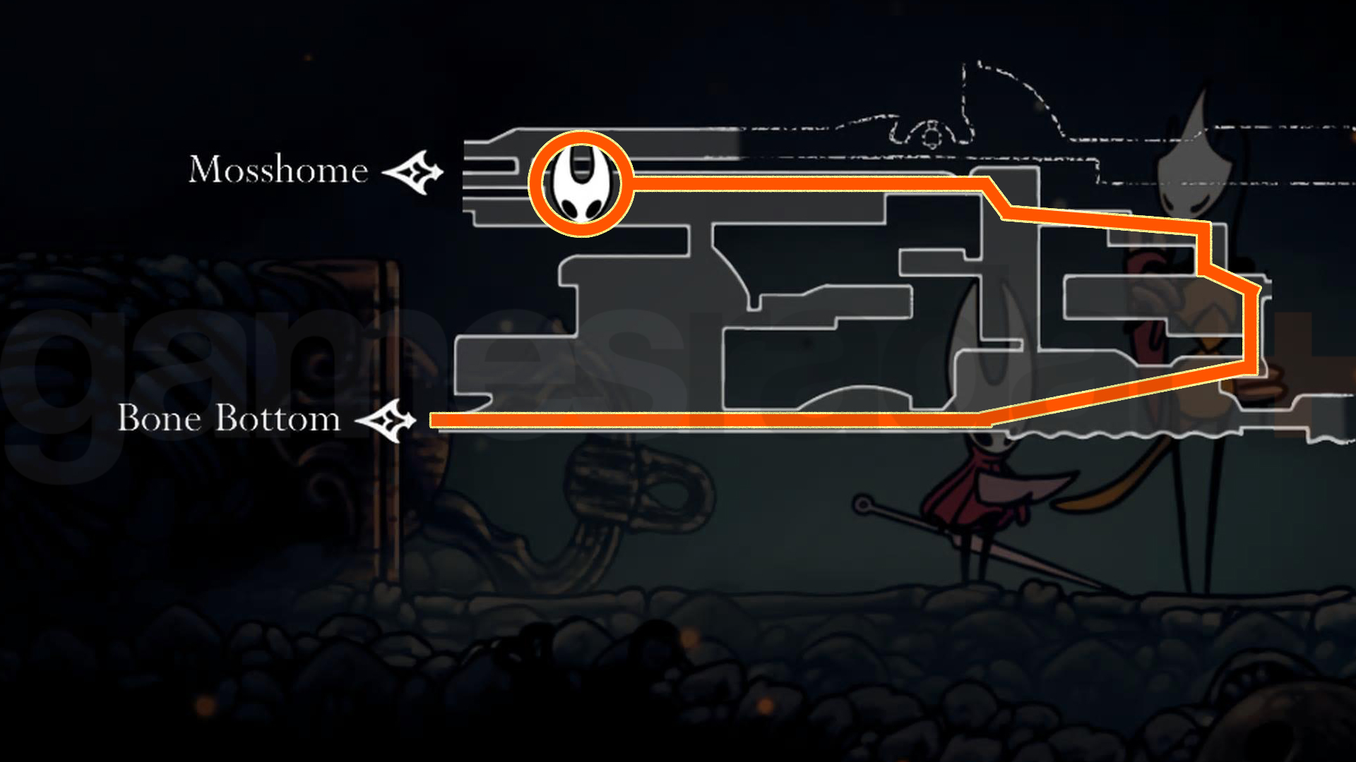An annotated Hollow Knight Silksong Map shows players how to find the Map Merchant