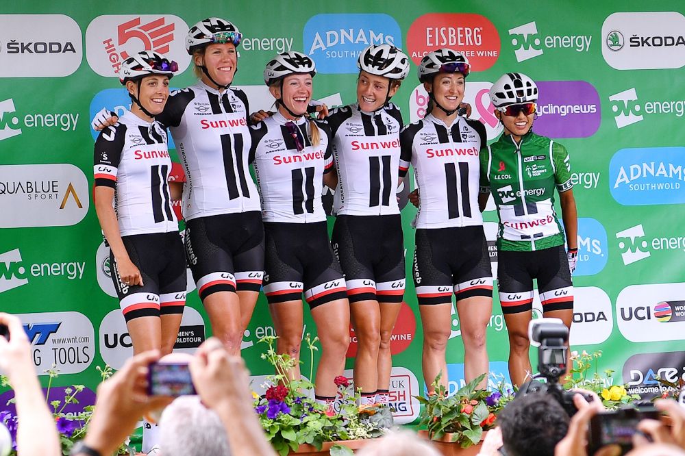 Sunweb on the podium for sign in of stage 4 at the OVO Energy Women's Tour