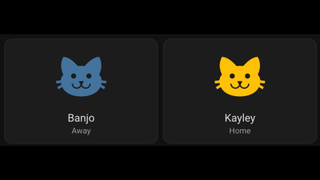 Toby's view from the app which shows him that his cat Bnajo is away and Kayley is home