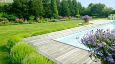 Inground pool with light-colored decking, a manicured lawn and colorful plants