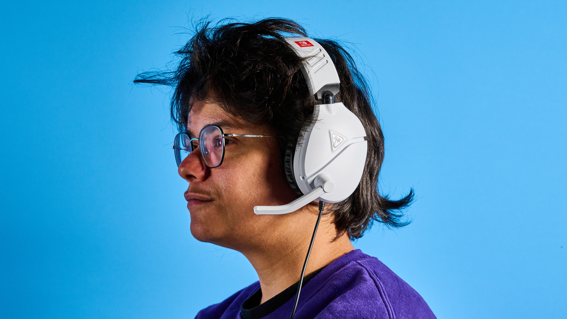 A white Turtle Beach Recon 70 wired gaming headset for Nintendo Switch