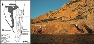 An image of a coastal cave and a map of the interior