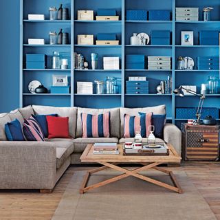 room with blue open shelve and wooden flooring