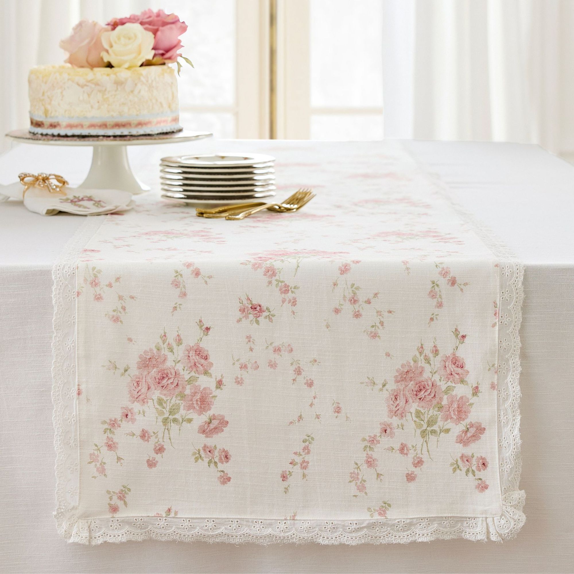 Pink and white rose table runner with lace trim