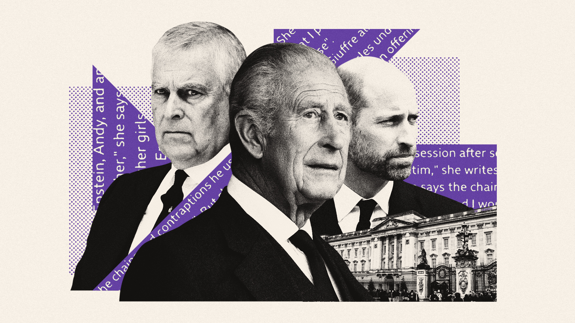 Illustration of King Charles, Prince William and Prince Andrew with Buckingham Palace and excerpts from Virginia Giuffre's book