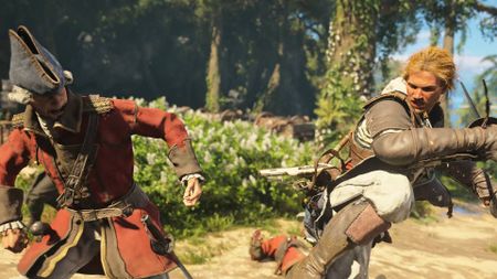 Assassin's Creed Black Flag Resynced reveal showcase screenshot shows Edward attacking an enemy.