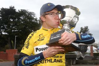 Brad Evans of Dunedin celebrates winning the Tour of Southland