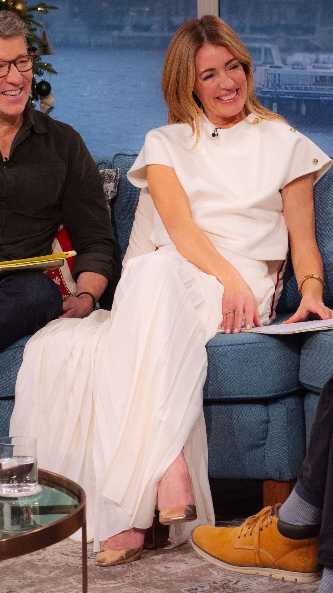 Cat Deeley wearing cream ME+EM skirt with River Island top on This Morning, 2 December 2025