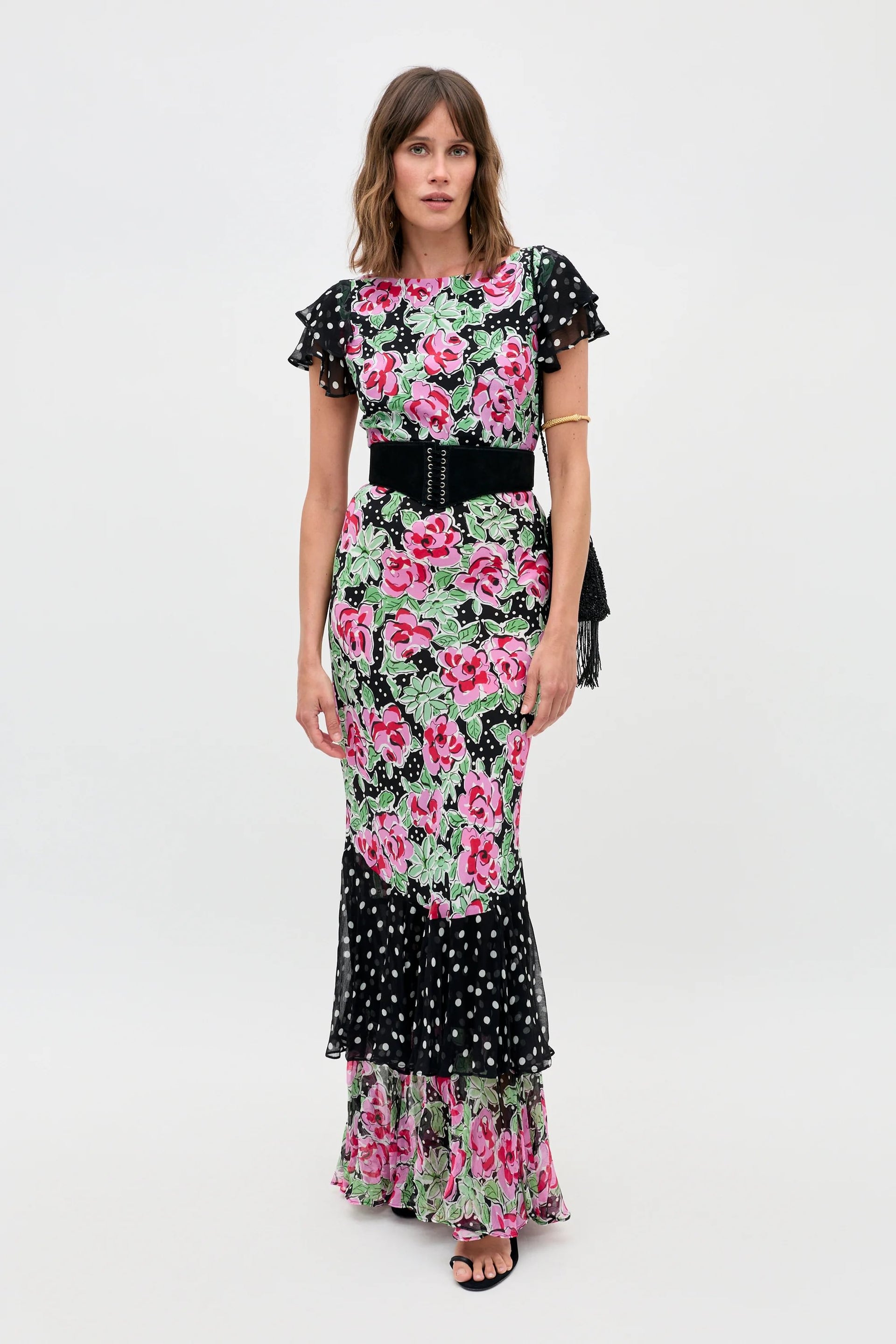 Ordinia Silk Gown in Rose Dot Mix Black