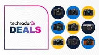 Assorted Nikon, Fujifilm, Canon, and Sony cameras on white background with techradar deals text overlay