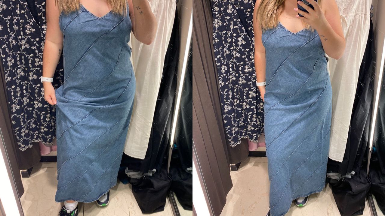 composite of our fashion writer wearing a zara denim midi dress