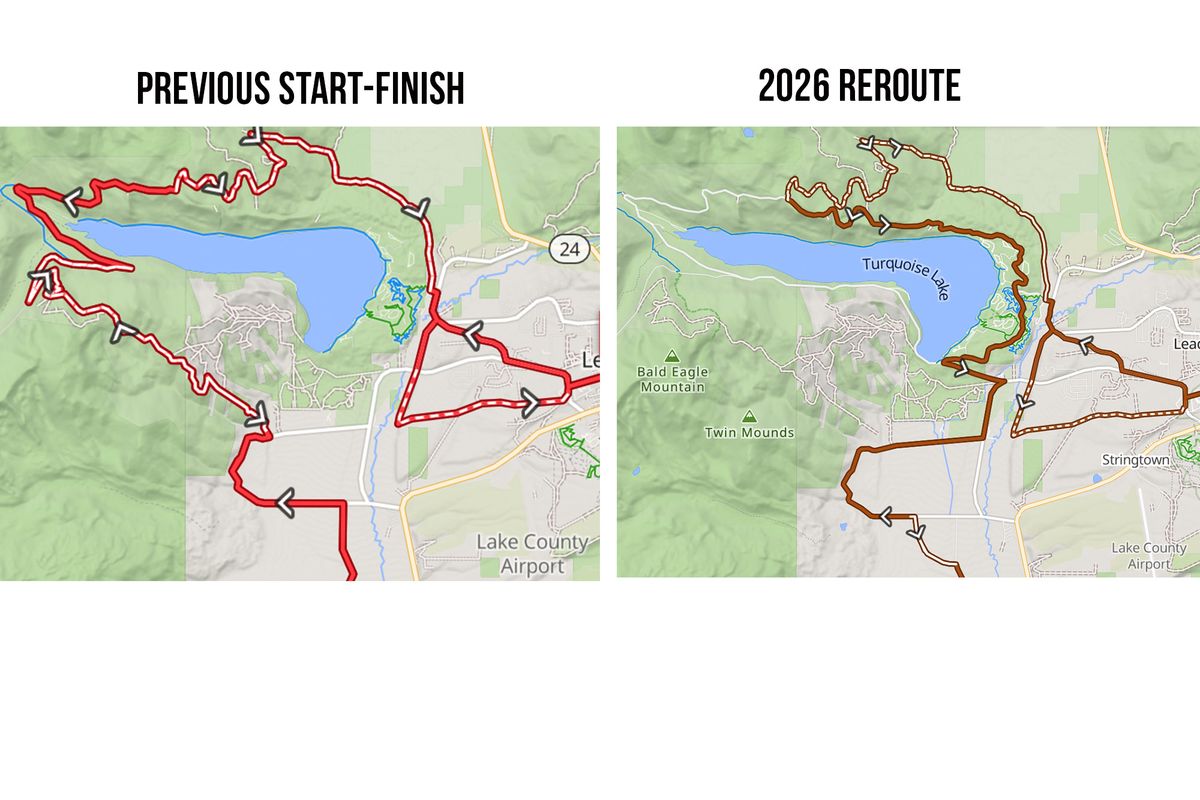 Comparisons of start-finish in previous years of Leadville Trail 100 MTB (left) and the revised route for 2026 (right)