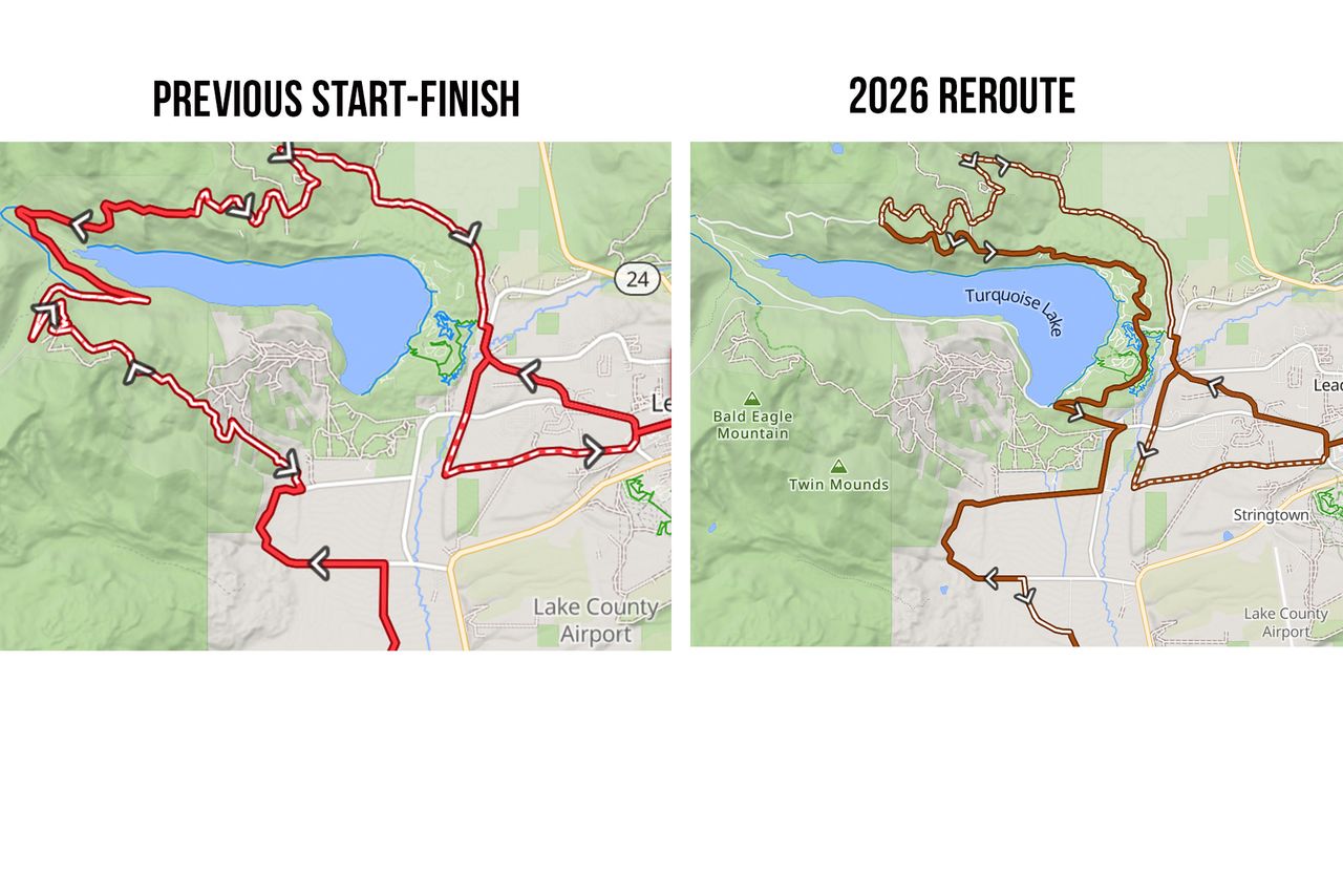 Comparisons of start-finish in previous years of Leadville Trail 100 MTB (left) and the revised route for 2026 (right)