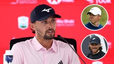 Main image of Marco Penge talking in his pre-Abu Dhabi HSBC Championship press conference with inset images of Rory McIlroy (top right) and Tommy Fleetwood (bottom right)