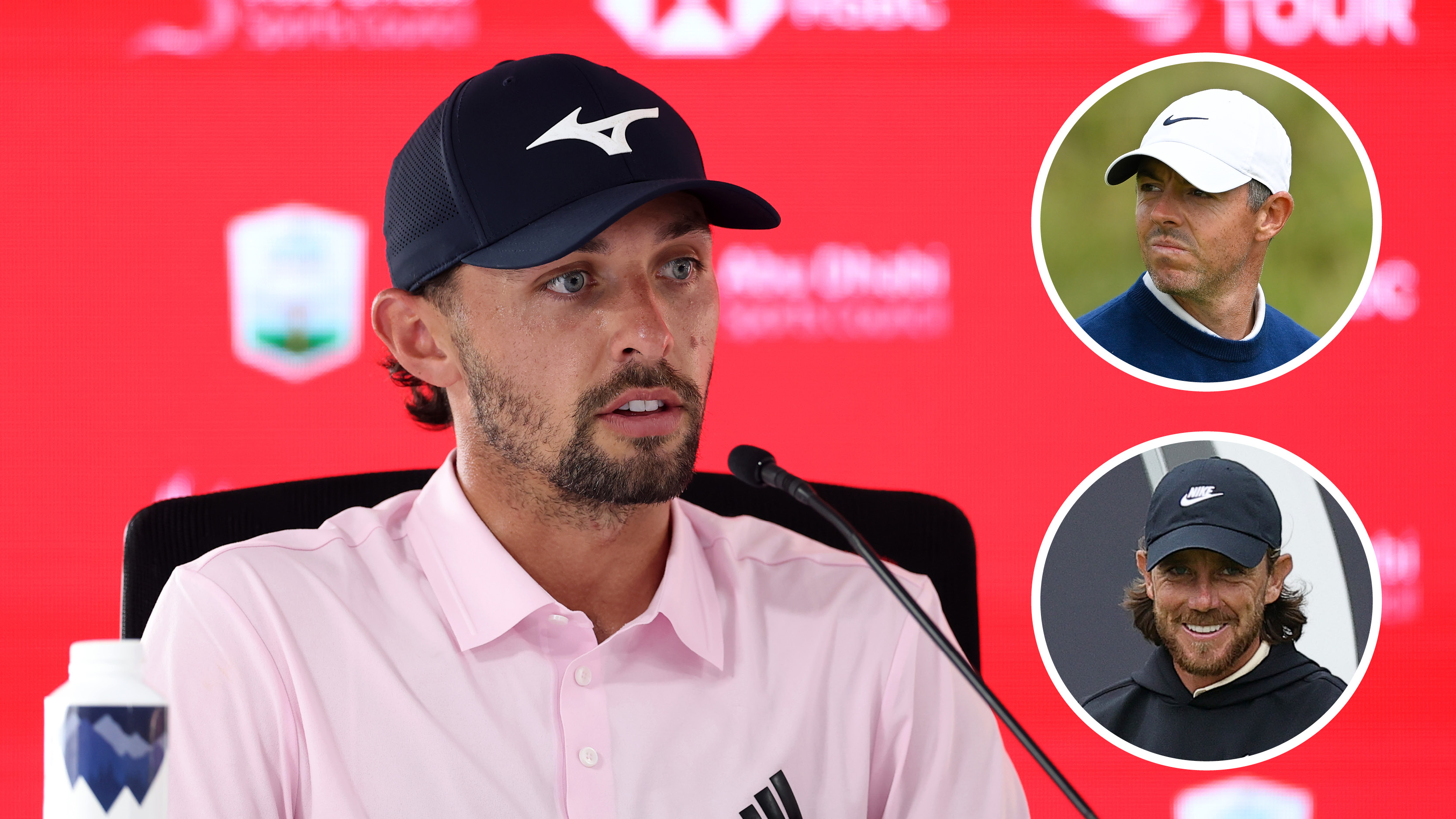 Main image of Marco Penge talking in his pre-Abu Dhabi HSBC Championship press conference with inset images of Rory McIlroy (top right) and Tommy Fleetwood (bottom right)