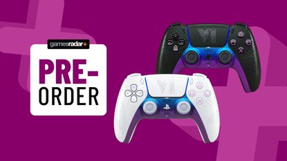 GTA 6 DualSense limited edition controllers on a purple background with pre-order badge