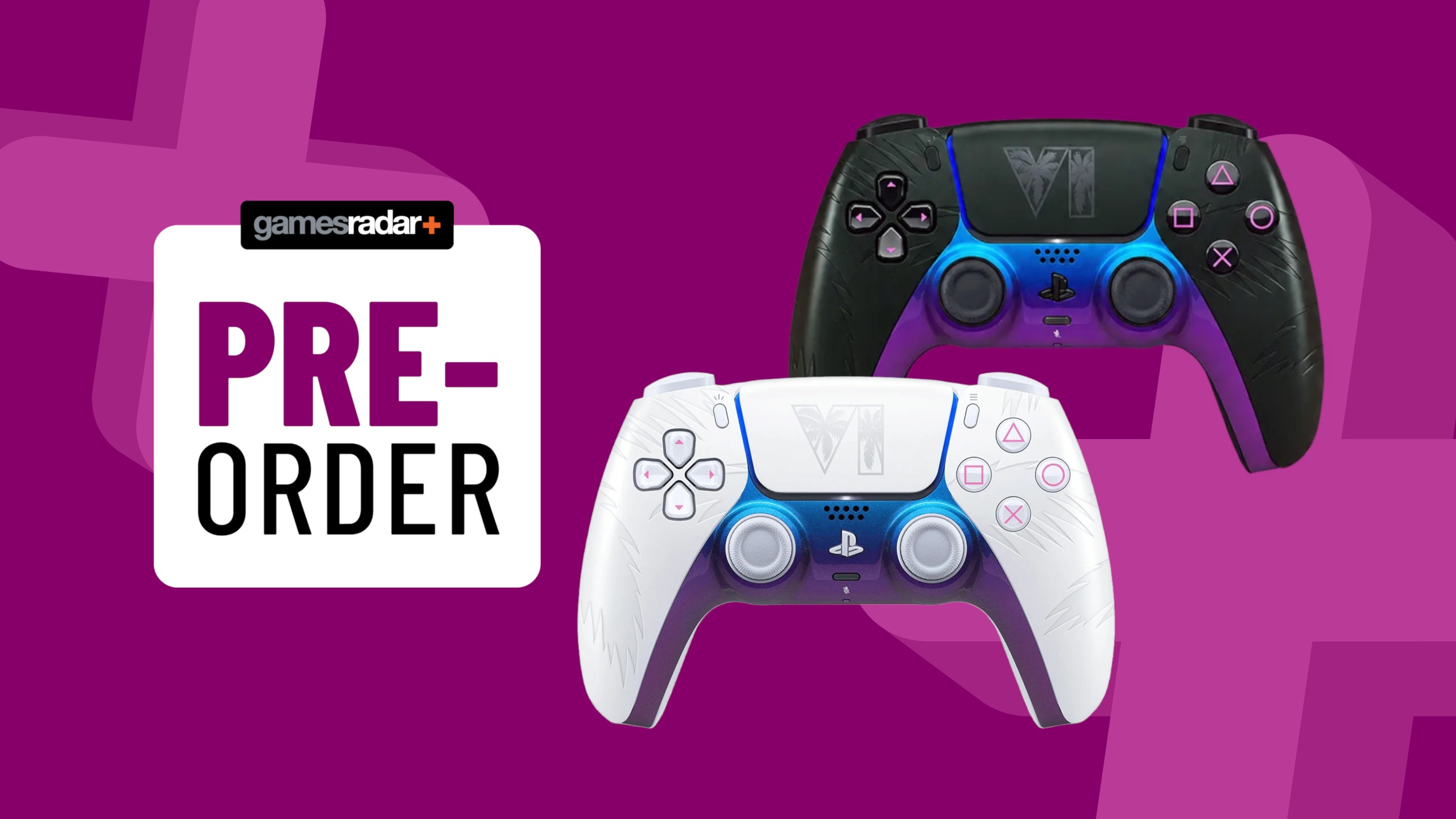 GTA 6 DualSense limited edition controllers on a purple background with pre-order badge