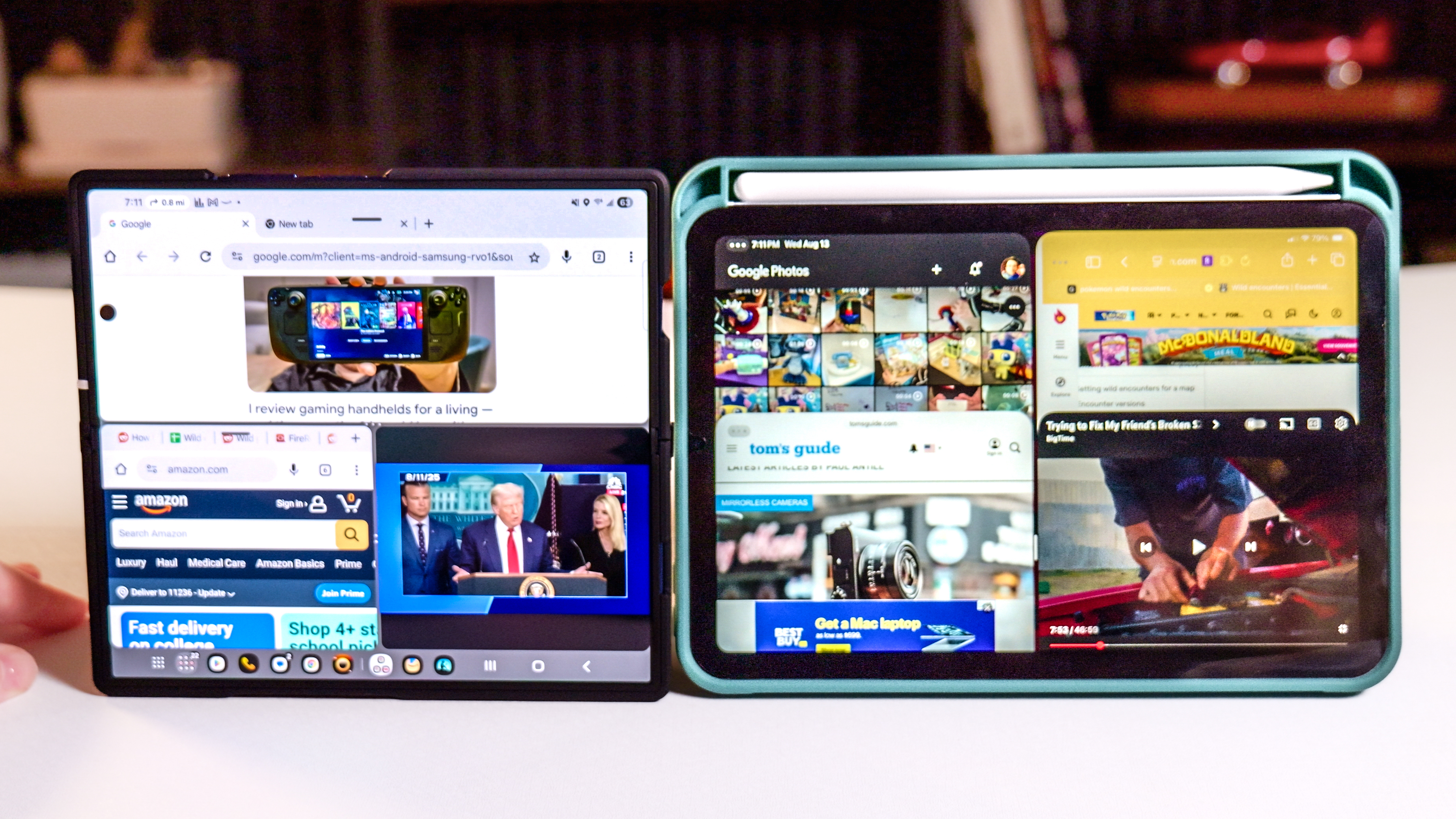 Galaxy Z Fold 7 multitasking shown against iPad Mini 7 multitasking.