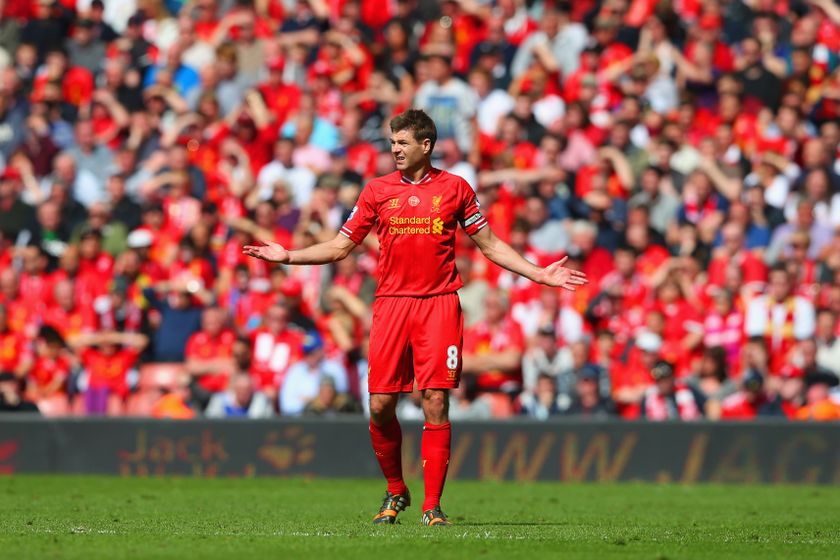 Steven Gerrard reacts as Liverpool concede to Chelsea at Anfield