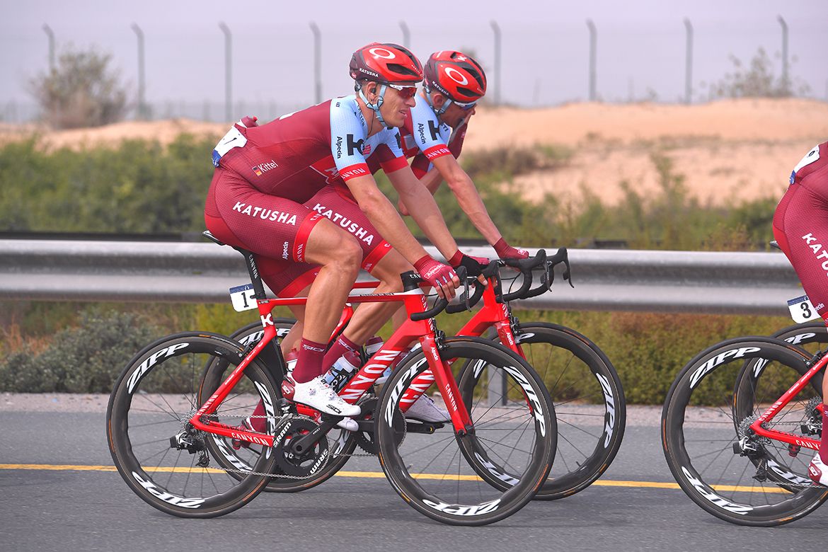 Marcel Kittel sits at the back of the Katusha-Alpecin train
