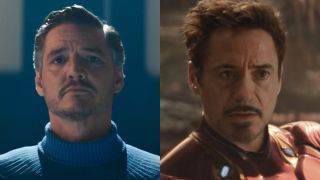 Pedro Pascal looks ahead stoically in The Fantastic Four: First Steps, pictured next to a worried Robert Downey Jr. in Avengers: Infinity War.