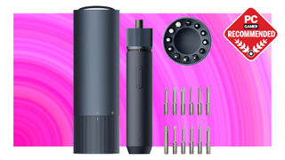 The HOTO cordless electric screwdriver floats alongside its compact storage case, and 12 metal bits in the swirling pink PC G Amazon Prime Deal Days void.