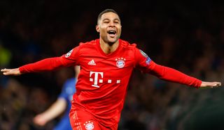 Serge Gnabry celebrates after scoring for Bayern Munich against Chelsea in the Champions League in February 2020.