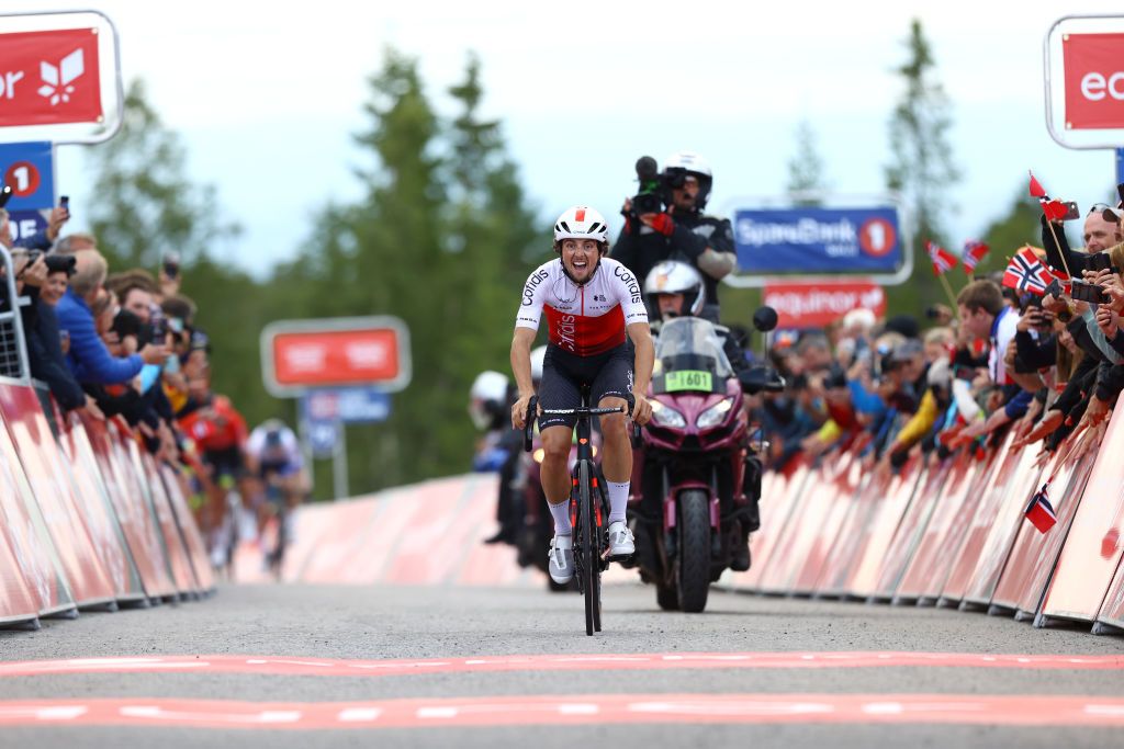 SKALLSTUGGU NORWAY AUGUST 13 Victor Lafay of France and Team Cofidis celebrates at finish line as stage winner during the 9th Arctic Race Of Norway 2022 Stage 3 a 1777km stage from Namsos to Skallstuggu 474m ArcticRace on August 13 2022 in Skallstuggu Norway Photo by Michael SteeleGetty Images