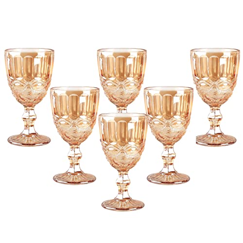 Vintage Wine Glasses Set of 6, 10 Ounces Colored Glass Water Goblets, Unique Embossed Pattern High Clear Stemmed Glassware Wedding Party Bar Glass Drinking Cups Floral Amber