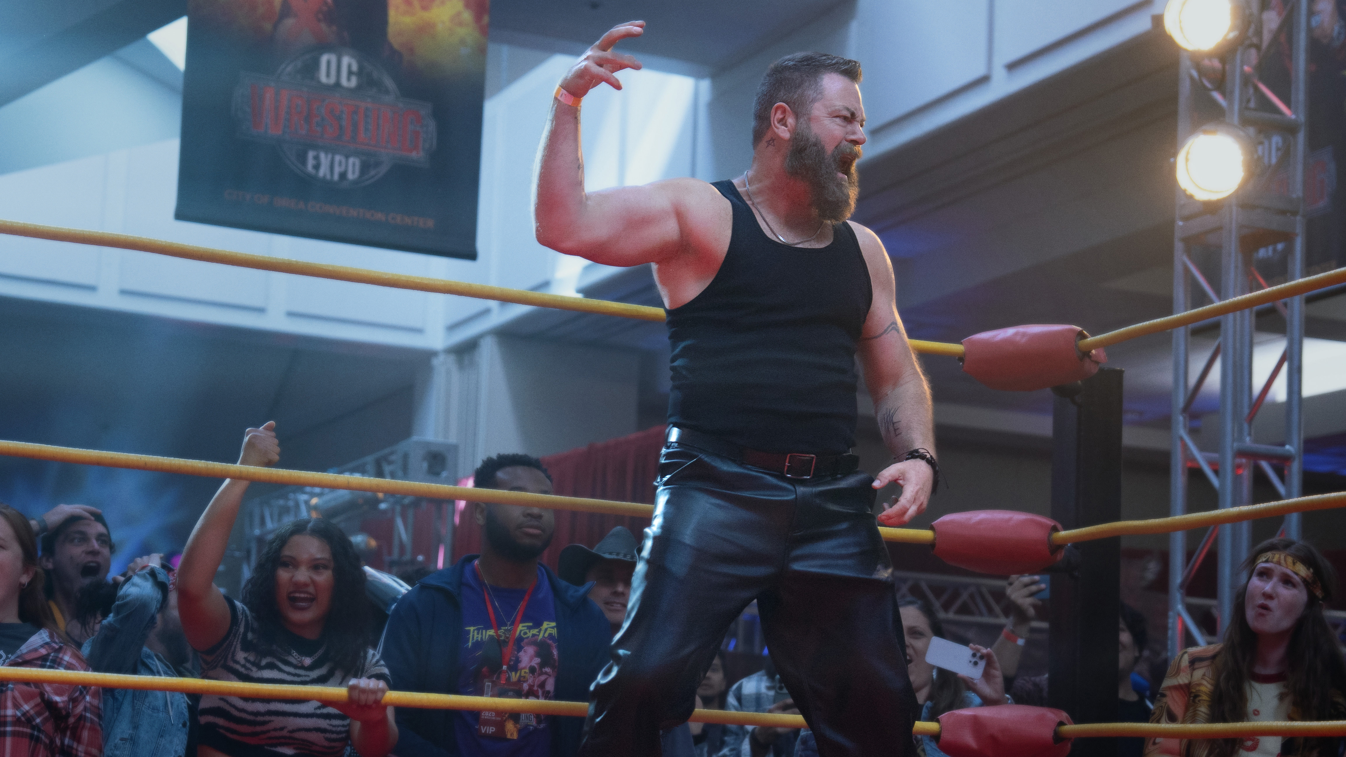 A still from the upcoming Apple TV series Margos Got Money Troubles, showing Nick Offerman as Jinx in a wrestling ring