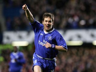 Joe Cole celebrates a goal for Chelsea against Bayern Munich in the Champions League in April 2005.