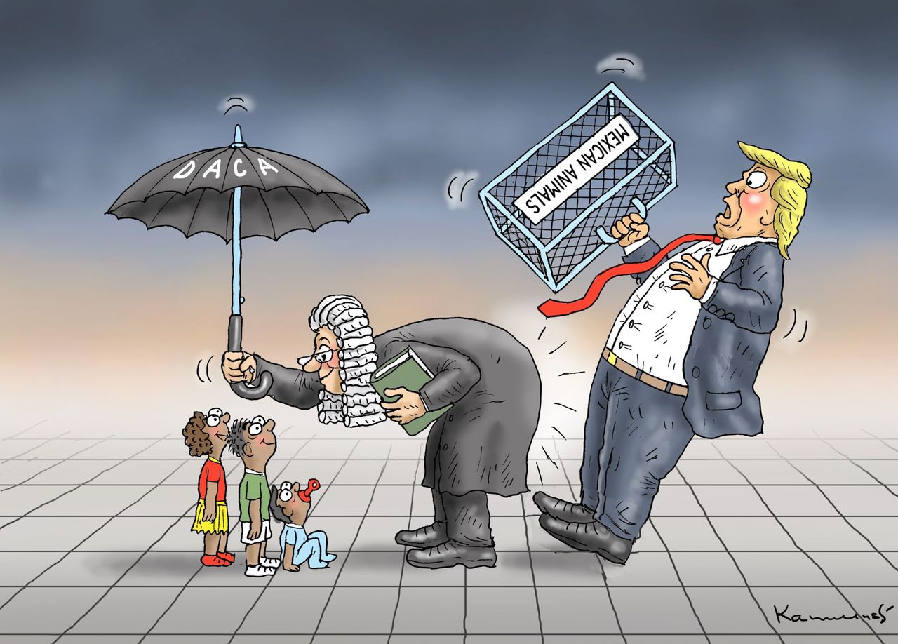 Political cartoon U.S. Trump immigration policy family separation DACA judge protection