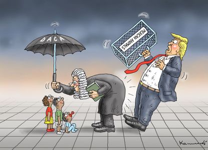 Political cartoon U.S. Trump immigration policy family separation DACA judge protection