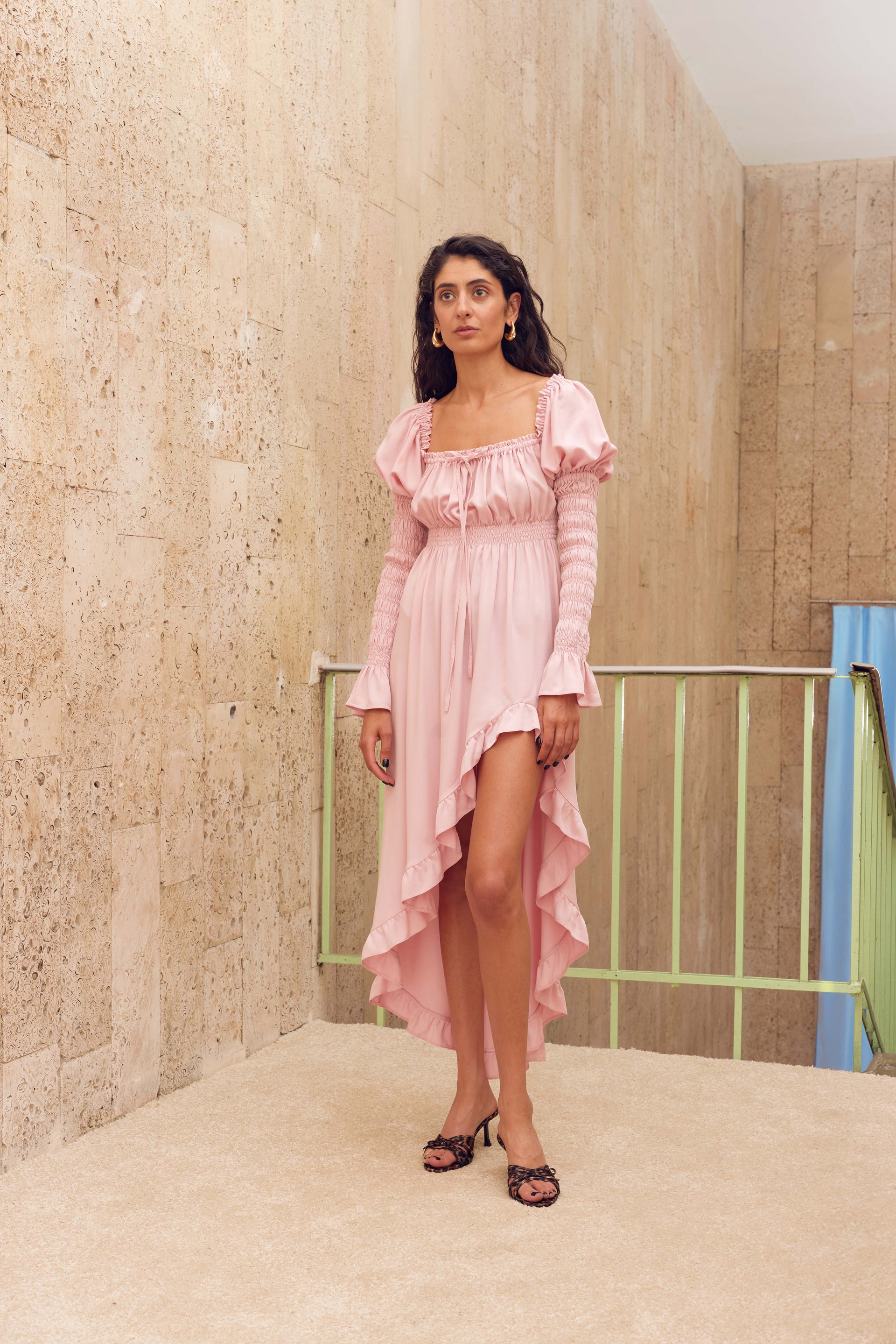 Juliette Shirred Asymmetric Dress in Pink