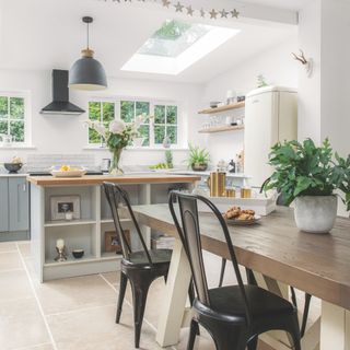 kitchen with white wall and potted plant on wooden table
