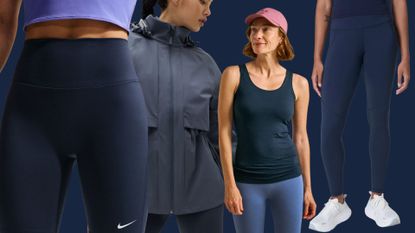 A selection of indigo activewear from various brands as shown on models