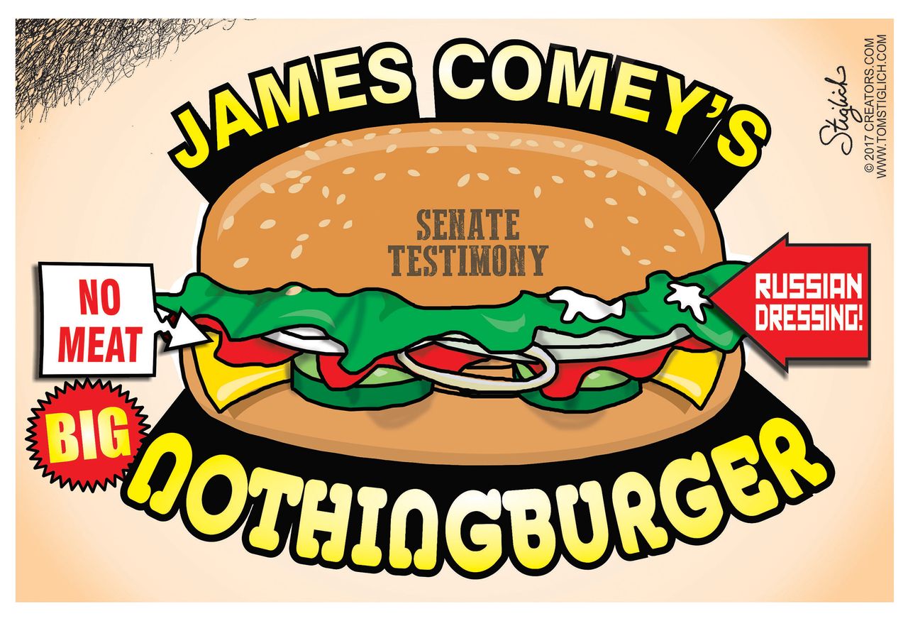 Political cartoon U.S. Comey hearing nothing burger