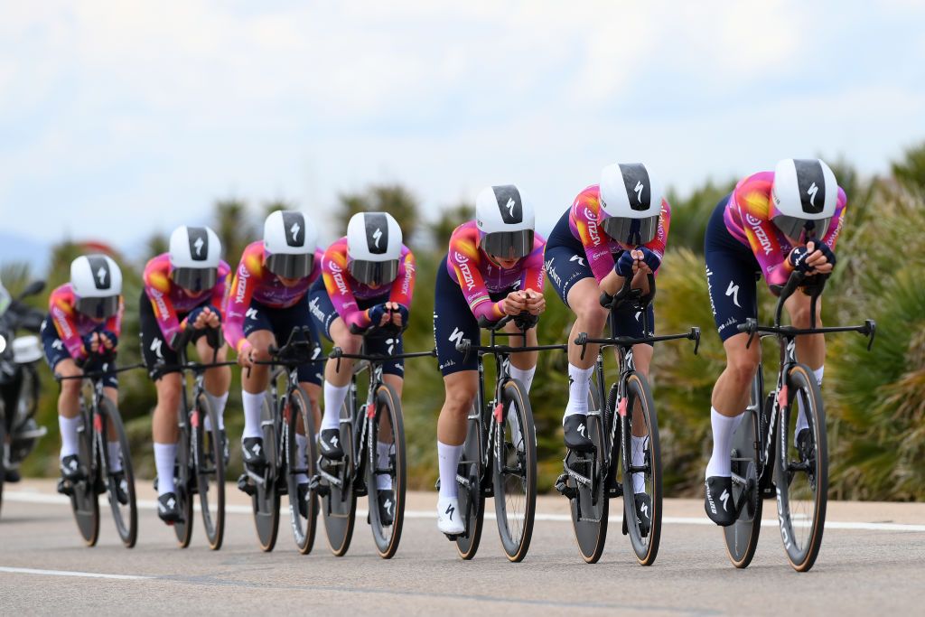 VALENCIA SPAIN APRIL 28 A general view of Niamh FisherBlack of New Zealand Mischa Bredewold of The Netherlands Elena Cecchini of Italy Barbara Guarischi of Italy Marlen Reusser of Switzerland Blanka Vas of Hungary Demi Vollering of The Netherlands and Team SD Worx Protime sprint during the 10th La Vuelta Femenina 2024 Stage 1 a 16km team time trial from Valencia to Valencia UCIWWT on April 28 2024 in Valencia Spain Photo by Alex BroadwayGetty Images