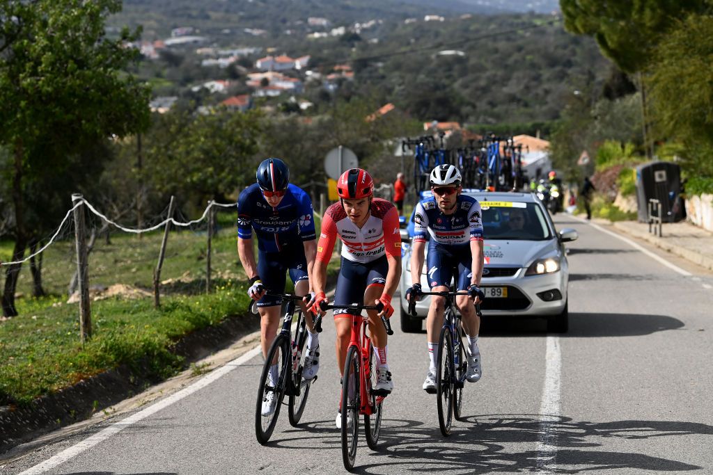 ALTO DO MALHO LOULE PORTUGAL FEBRUARY 18 LR Lewis Askey of United Kingdom and Team Groupama FDJ Mathias Vacek of Czech Republic and Team Trek Segafredo and Kasper Asgreen of Denmark and Team Soudal QuickStep compete in the breakaway during the 49th Volta ao Algarve em Bicicleta 2023 Stage 4 a 1779km stage from Albufeira to Alto do Malho Loule 514m VAlgarve2023 on February 18 2023 in Alto do Malho Portugal Photo by Tim de WaeleGetty Images