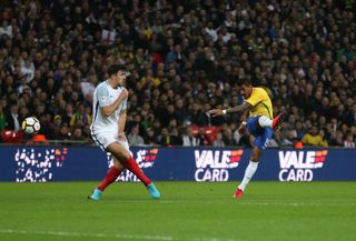 Brazil's Paulinho with a first half shot during the Bobby Moore Fund International between England and Brazil at Wembley Stadium on November 14, 2017 in London, England. (Photo by Rob Newell - CameraSport via Getty Images)
