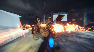 Twin Skeletons shooting demons in a screenshot from Motordoom