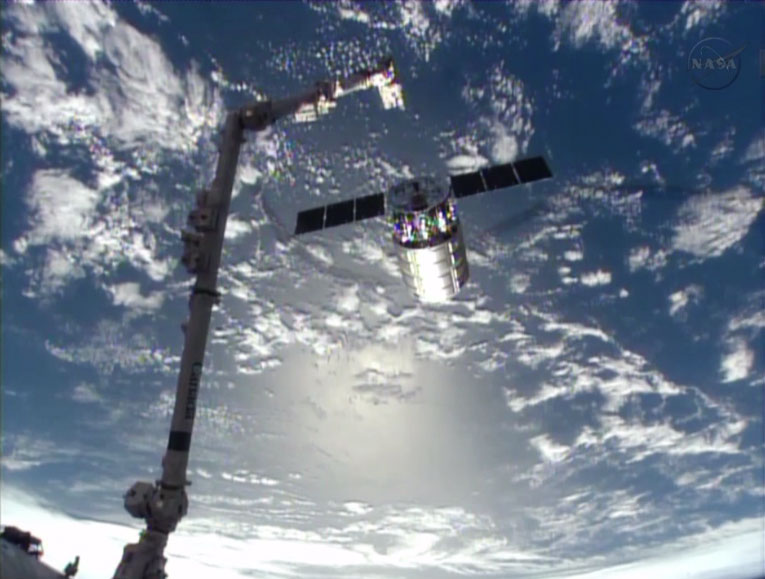 The first privately built Cygnus spacecraft built by Orbital Sciences Corp. is released from the International Space Station&#039;s robotic arm on Oct. 22, 2013 to end its first test flight to the station.