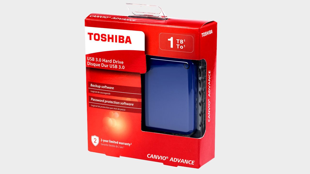 Official promo image of the Toshiba 1TB Canvio Advance external drive with a plain background.