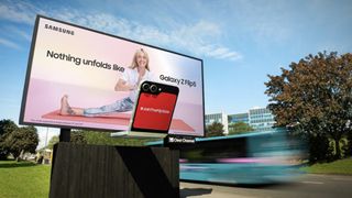 Billboard from a recent ad campaign featuring a large 3D Galaxy Z Fold phone